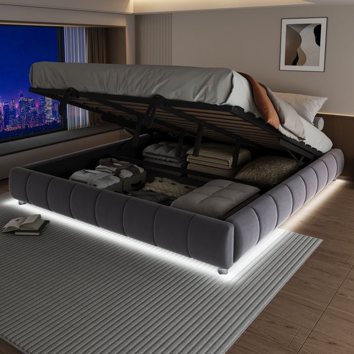 Lit coffre Double 180×200 cm LED et rangement - YEAVIO - sans matelas tissu flanelle - gris