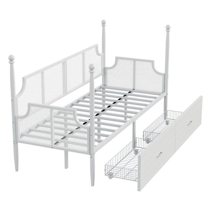 VLIVRA Lit Banquette 90×200 cm Lit Simple - 2 Tiroirs Style Vintage - sans Matelas - en Métal - Blanc