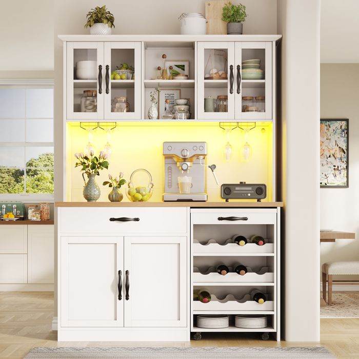 Buffet de cuisine haut - LEMONBEST - 140 x 38 x 180 cm - LED intégrée - chariot amovible - casier 9 bouteilles