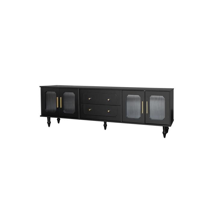 Meuble tv 175 cm rétro chic verre détails dorés pieds bois massif