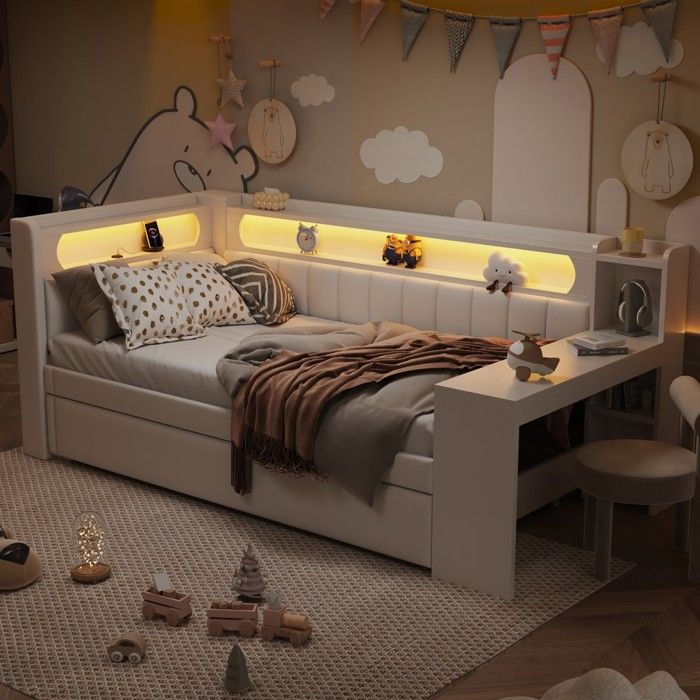 Lit avec Bureau - PAGE Living - 90x200 Blanc - LED 7 couleurs USB - Lit escamotable avec tiroir