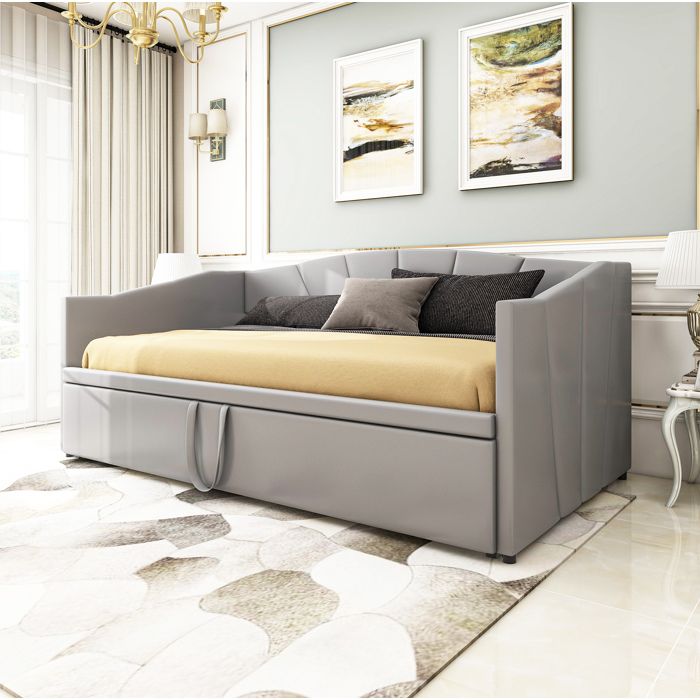 Lit rembourré extensible – canapé-lit gris – sommier à lattes – 90/180 x 200 cm