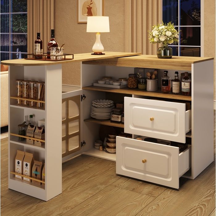 meuble bar SENVIRO pivotant aux lignes arquées rangement modulable 138x39x104cm blanc