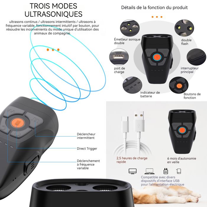 Anti aboiement chien 2000mah 25khz répulsif à ultrasons pour chiens à double tête avec 3 modes ultrasoniques - TCHOUPIN - et lamp