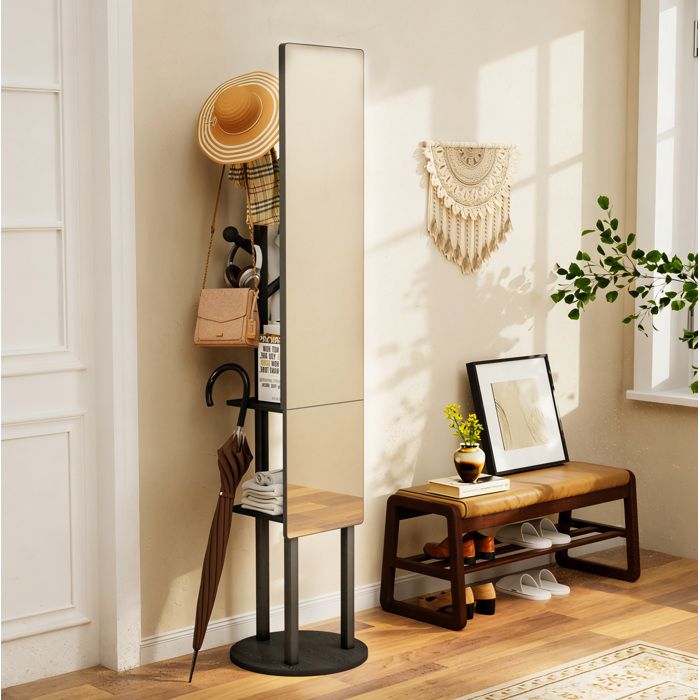 Vestiaire dentrée avec miroir plein pied rotatif 360° porte-manteau avec rangement noir 40x40x174 cm Grjofek