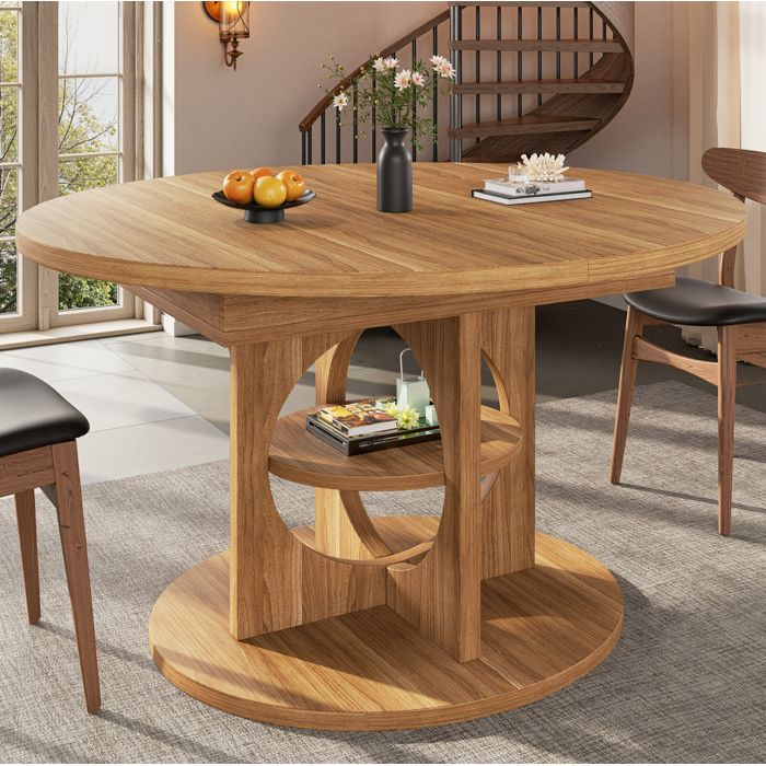 ROVRYN Table à manger extensible 110-150 cm ronde à ovale avec étagère intégrée MDF aspect bois