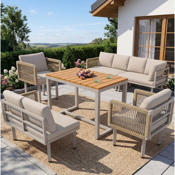 Salon de jardin 6 pièces avec canapé dangle 2 fauteuils et table structure en acier coussins beige