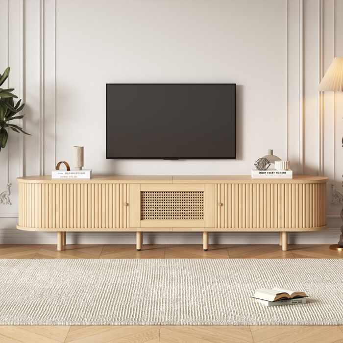 Meuble TV ovale avec tiroirs et portes coulissantes moderne et élégant 180×40×40 cm adapté aux téléviseurs de 75 pouces et moins