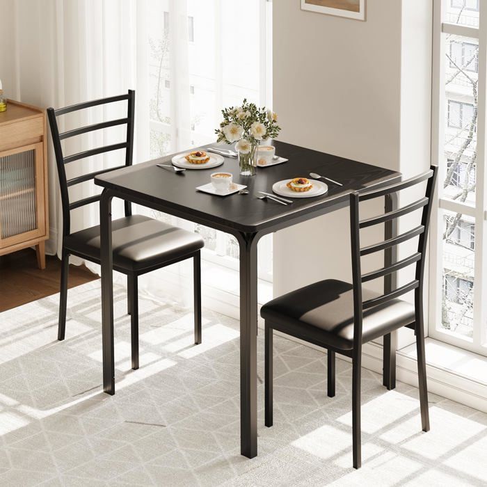 Ensemble table carrée 2 personnes noir 29 1x29 1po 2 chaises compact petit espace cuisine appartement coin petit-déjeuner