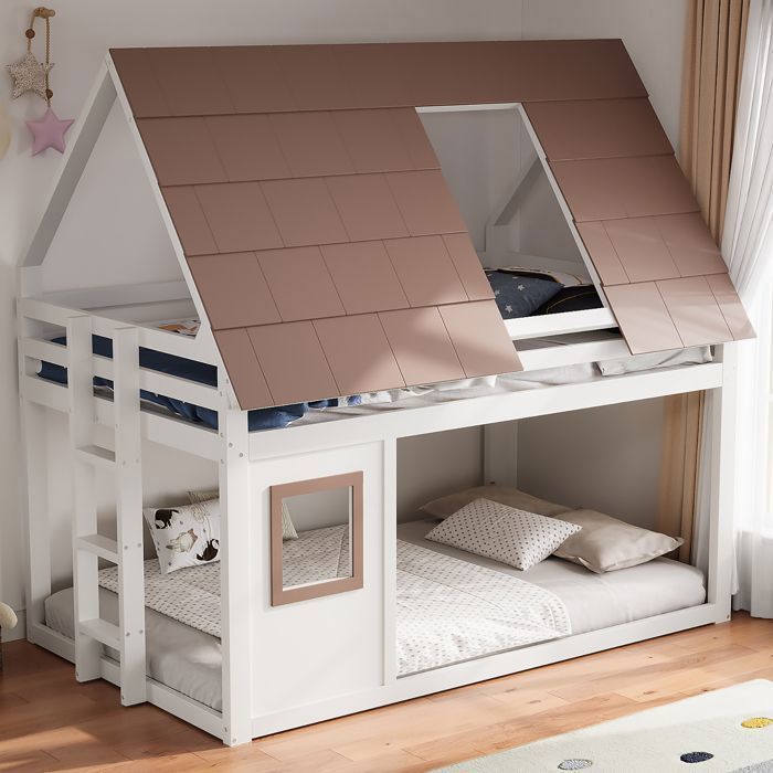 Lit superposé maison 140x200 cm en bois blanc/brun avec toit échelle et fenêtre - sommier supérieur inclus
