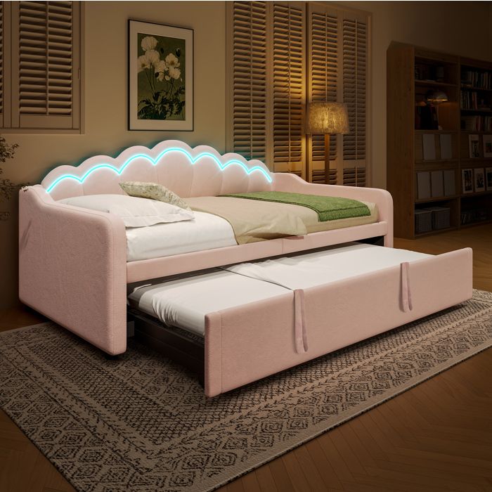 Lit gigogne 1 place 90×200 cm et 2 places 180×200 cm avec LED multicolore et tête ondulée sans matelas velours rose - UVRION