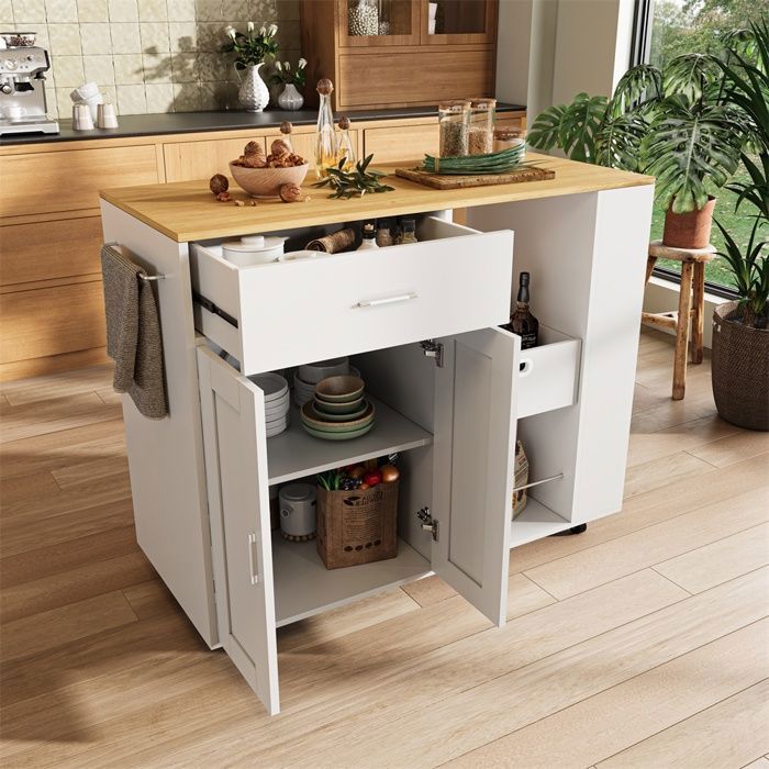 Desserte de cuisine mobile - Îlot de cuisine sur roulettes blanc avec tiroir placards et étagères à épices