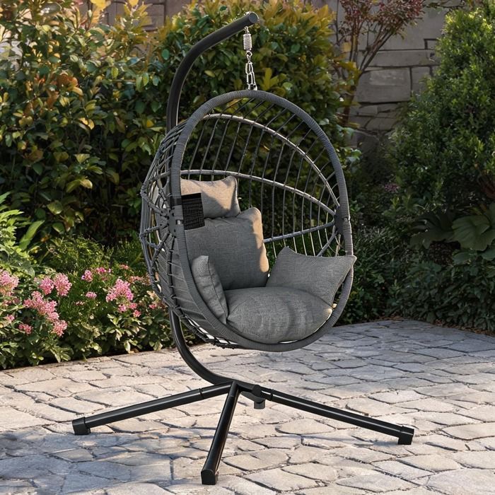Fauteuil œuf suspendu gris en acier structure sur pied et siège pliable coussin épais inclus
