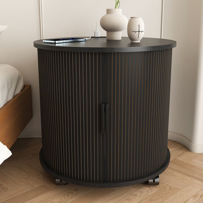 Table de chevet cylindrique - Années 50 - Station de charge intégrée - Prise secteur + 2 USB - Porte coulissante silencieuse