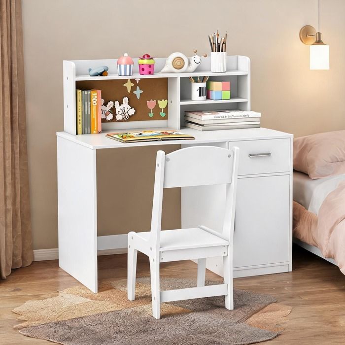 Bureau enfant en MDF blanc avec chaise tiroir placard et tableau liège