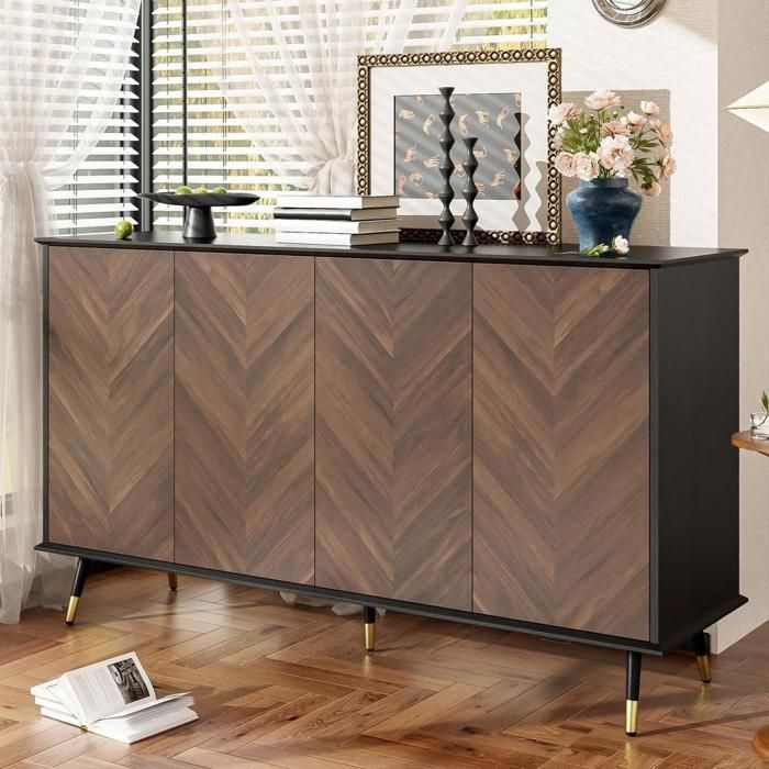 Buffet - KOMHTOM - 140x40x80 cm - Motif chevron - 4 portes - Étagères réglables Buffet - KOMHTOM - 140x40x80 cm - Motif chevron - 4 portes - Étagères réglables