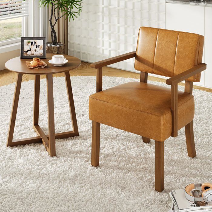 Fauteuil décoratif simili cuir style médiéval moderne boutonné fauteuil lecture détente cadre bois salon orange
