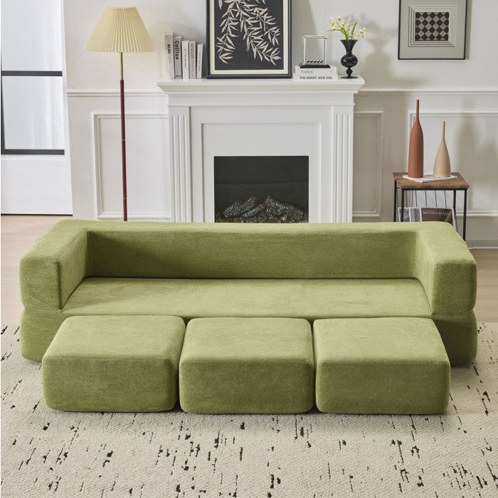 Canapé de sol modulable convertible AESVAR 3 places en chenille verte avec 3 repose-pieds