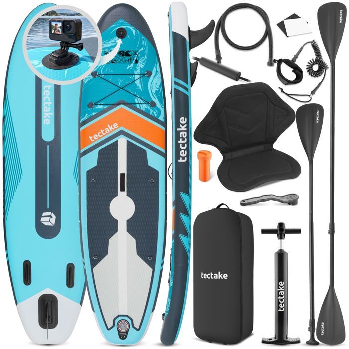 Planche de stand-up paddle - TECTAKE - SUP gonflable PALAGIOS Kit complet 2en1 avec support pour caméra - Turquoise/Orange