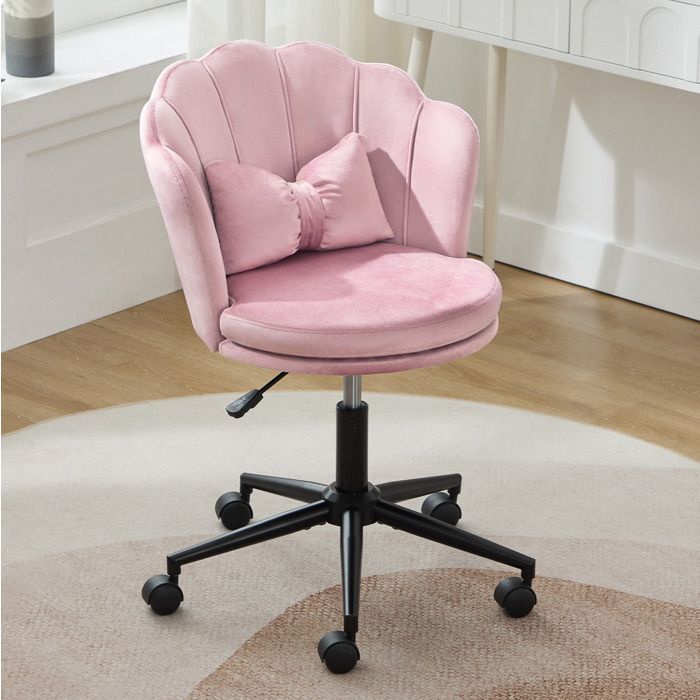 Chaise de bureau pivotante AESVAR rose en velours réglable en hauteur 45-55 cm à roulettes dossier pétale Chaise de bureau pivotante AESVAR rose en velours réglable en hauteur 45-55 cm à roulettes dossier pétale