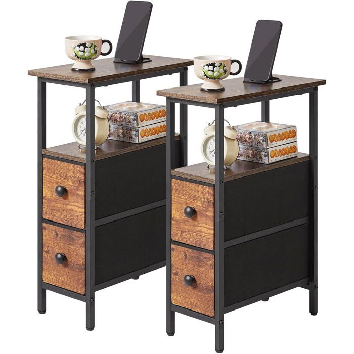 Tables dappoint lot de 2 - Table de chevet ultra-fine 2 tiroirs tissu et étagère ouverte Finition brun vintage 40 x 20 x 60 cm