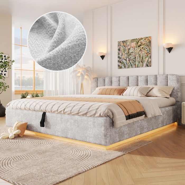 Lit 180x200 CM - avec LED - Lit Coffre avec Rangement et Tete de Lit - 2 Personnes - Gris clair