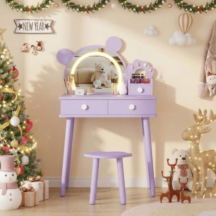 Coiffeuse Enfant - 55x38x101cm – Miroir LED Ourson Table en Bois Tiroir Tabouret Fleur Inclus-Violet
