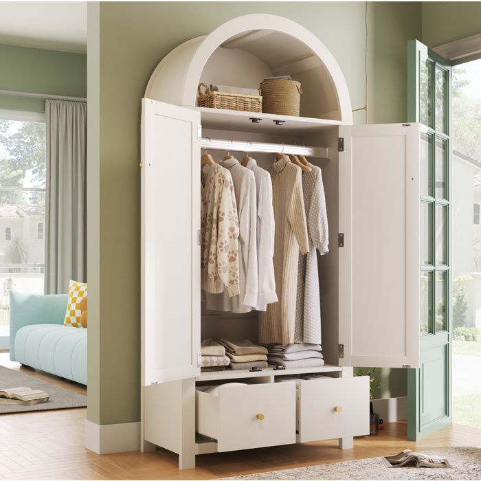 Armoire de chambre blanche 181x78x45 cm style campagne rotin tressé 2 portes 2 tiroirs ORVRYN