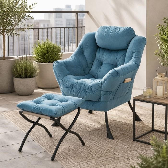 Fauteuil relax - ZEVKOR - Fauteuil relax 1 - Avec hocker - Tissu & structure métal - Bleu