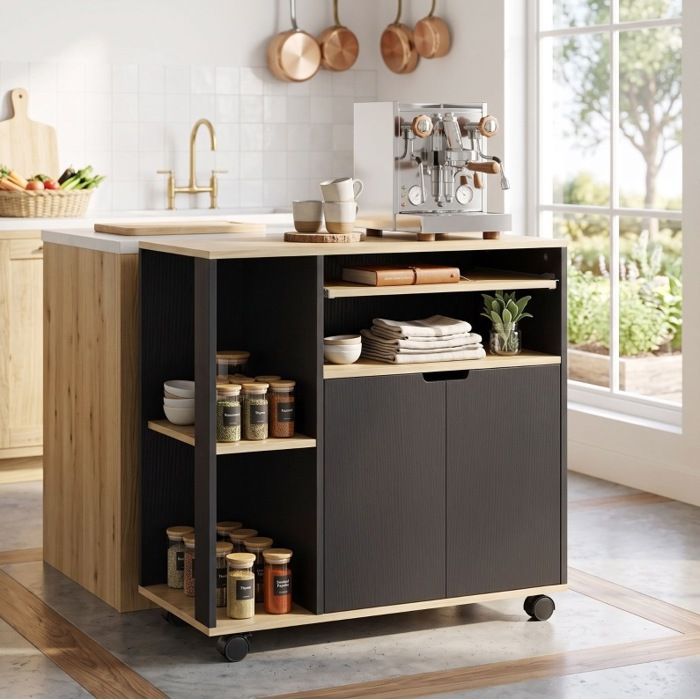 Desserte de cuisine à roulettes – rangement modulable – portes doubles – noir