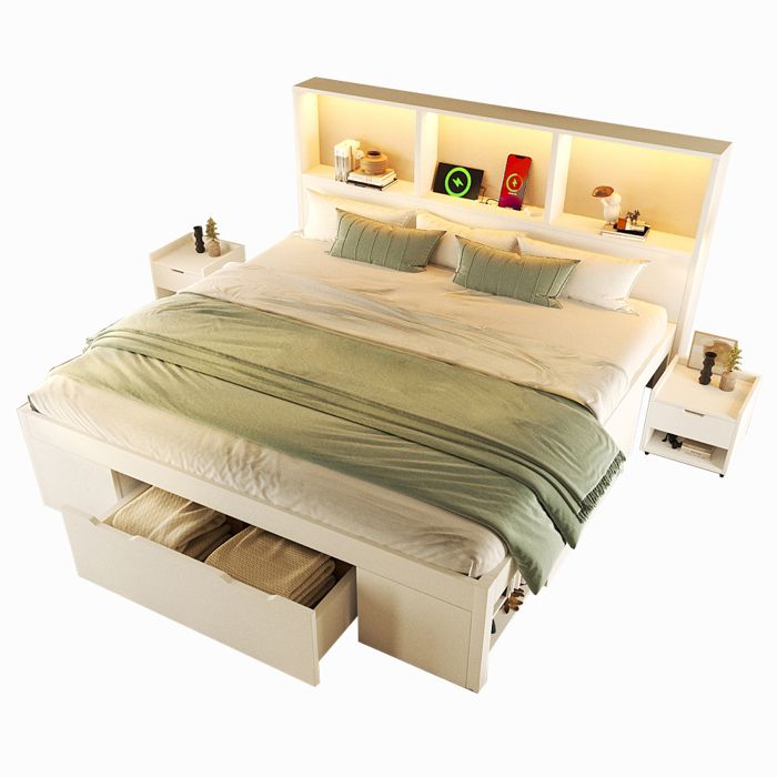 Lit double 140x200 cm blanc en bois 2 tables de chevet mobiles rangement tiroirs étagères LED USB‑C cadre lit fonctionnel Lit double 140x200 cm blanc en bois 2 tables de chevet mobiles rangement tiroirs étagères LED USB‑C cadre lit fonctionnel