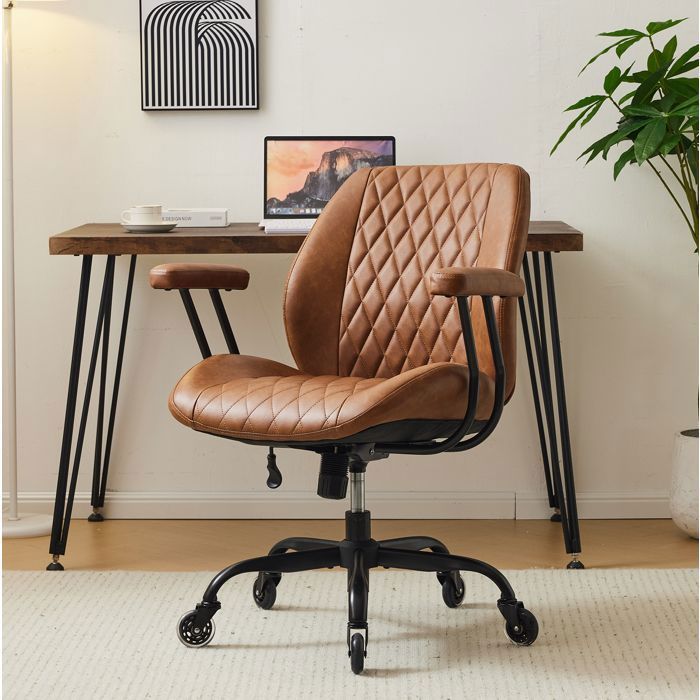 WUVRIE Chaise de bureau pivotante en cuir marron avec roulettes accoudoirs et hauteur réglable