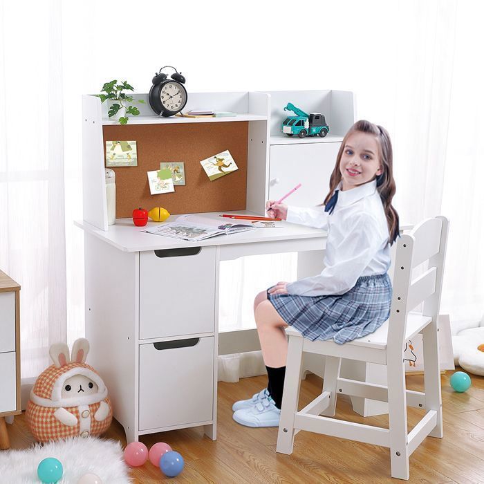 Bureau Enfant avec Chaise – Table dÉtude Bois Étagère Tiroirs Placards Panneau dAffichage Idéal pour 3-12 Ans Blanc