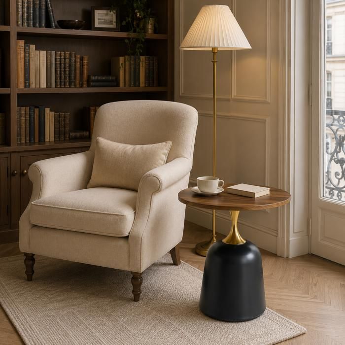 Table basse ronde 60 cm table dappoint salon effet noyer plateau en mélamine et pied métallique style nordique JOINERY