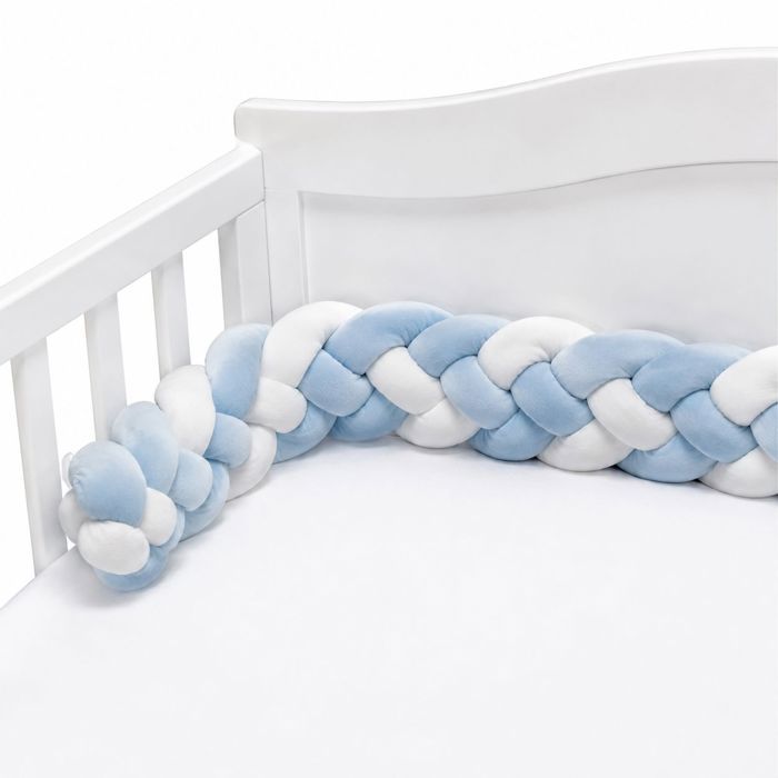 Tour de lit tressé antichoc doux – protection bébé berceau  - Tricot main – 2M Bleu Blanc