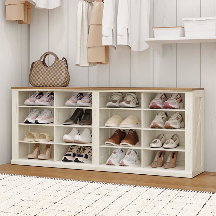 Banc à Chaussures16 Compartiments Rétro Marron-Blanc MEUBLE A CHAUSSURES