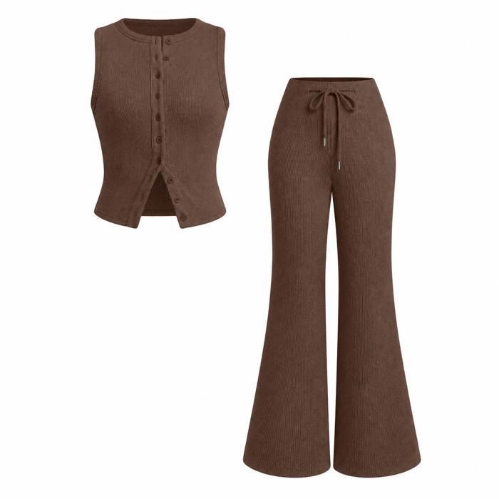 ENSEMBLE DE VETEMENTS DE SPORT Ensemble femme 2 pièces débardeur boutonné sans manches pantalon large taille haute S-XXL marron