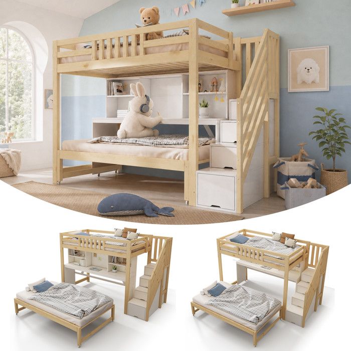 Lit superposé Enfant 90x200/90x190 cm Escalier avec Rangement Bureau Intégré Étagères pour Chambre Enfant - Chêne et Blanc