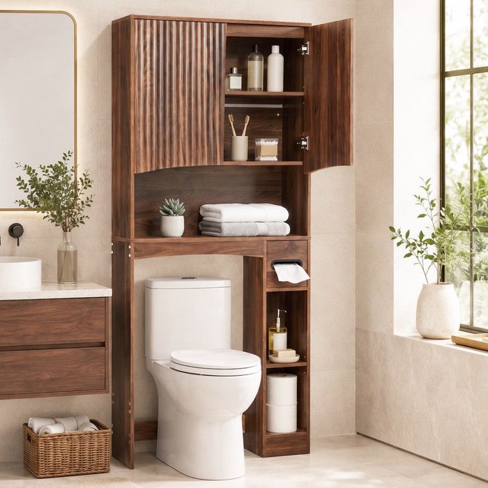 Meuble WC au-Dessus des Toilettes 2 Portes à Lamelles 2 Étagères + Rangement Latéral Porte-Papier Noyer 80 x 22 x 170 cm