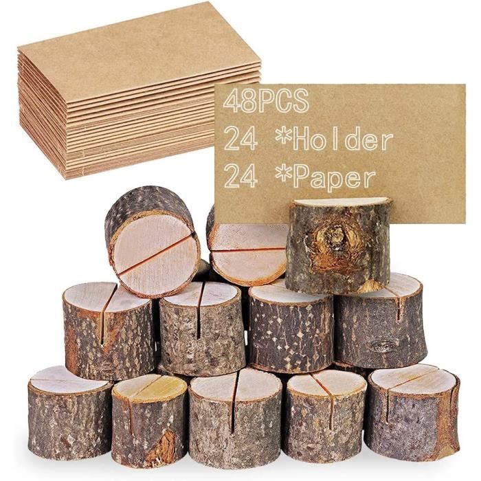 Porte-cartes En Bois Naturel - 24 Supports + 24 Cartes Kraft Pour Mariage