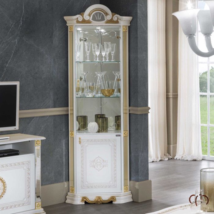 Vitrine D’angle Baroque Blanc Et Or – Vaisselier Avec Miroir Et Porte En Verre – Palazzo INT