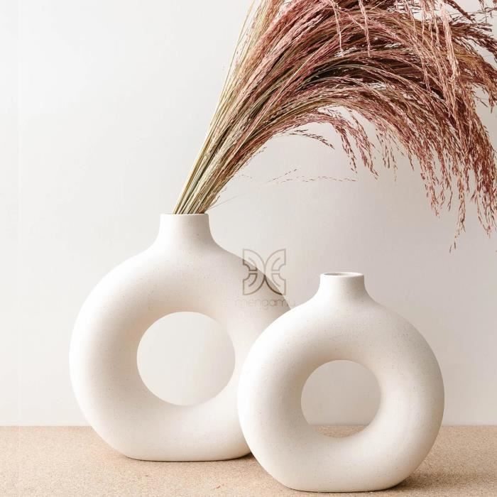 Vase Céramique Donut Irrégulier Blanc - Style Boho Nordique Pour Herbe De Pampa