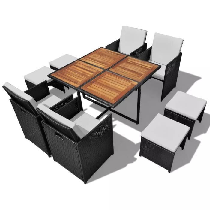 Salon de jardin encastrable 9 pcs Rotin et bois dacacia Noir - HB046
