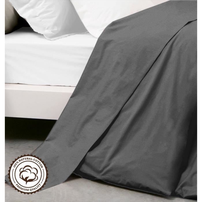  Drap Plat - Gris - 240x300 cm - 100% Coton - Lavable en machine - 2 Personnes 