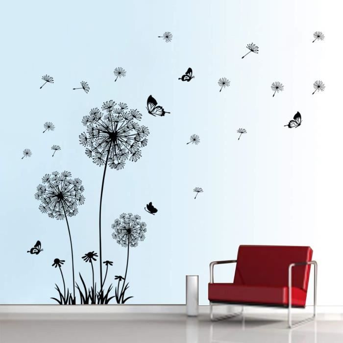 WakiHong 2 PCS Autocollant Mural Fleur Stickers Pissenlit Coloré Avec Papillons – Décoration Murale Salon Et Chambre
