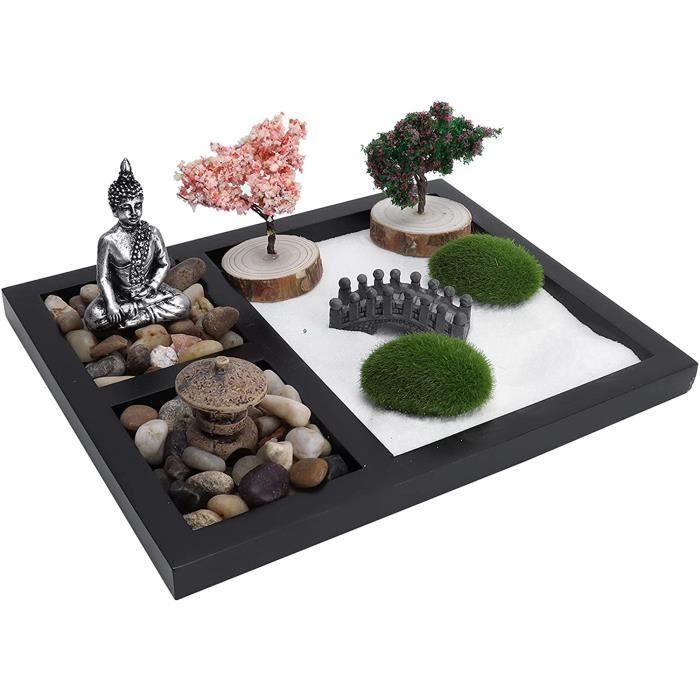 miniature bureau Zen bac à sable avec moine figure asseoir dans
