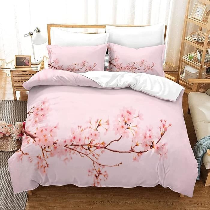 Housse de Couette 140x200 Fleur de Cerisier Rose Parure de Lit 3D