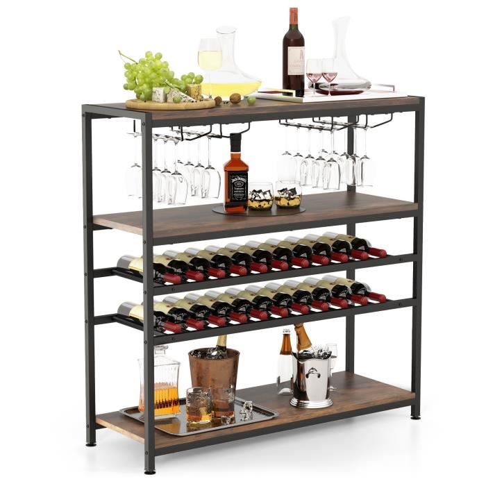 costway étagère/casier à vin 22 bouteilles porte-bouteille avec 4 porte-verres, style industriel, présentoir à vin pour cave cuisine