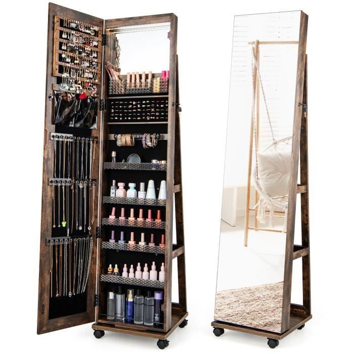 COSTWAY 3 en 1 Armoire à Bijoux LED sur Roulettes - Miroir Psyché sans Cadre - Étagères Réglables - Verrouillable - Industriel