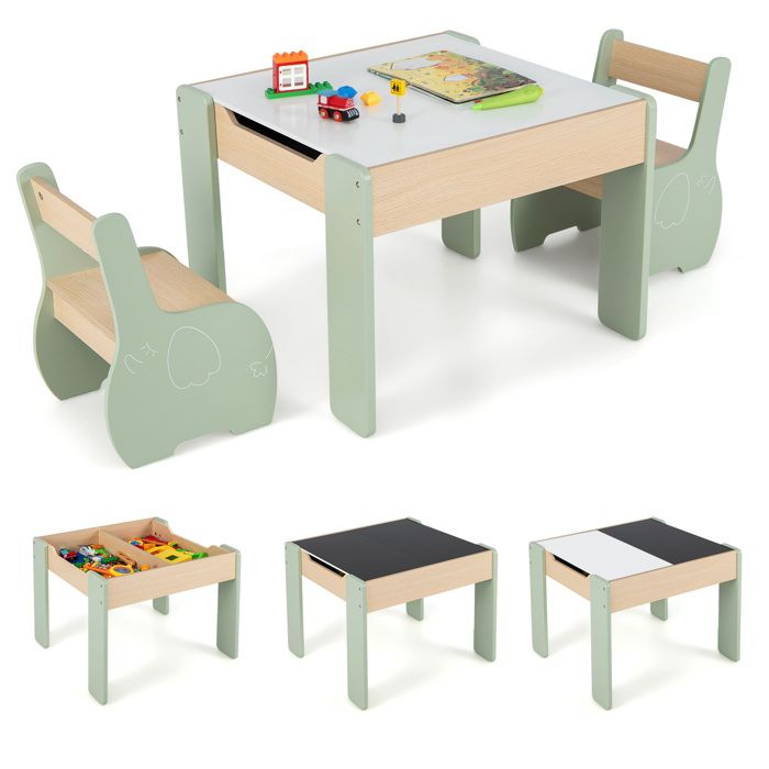 DREAMADE 3 en 1 Ensemble Table et 2 Chaises Enfant avec Tableau Noir Plateau Amovible Boîtes de Rangement pour 3-6 Ans Vert